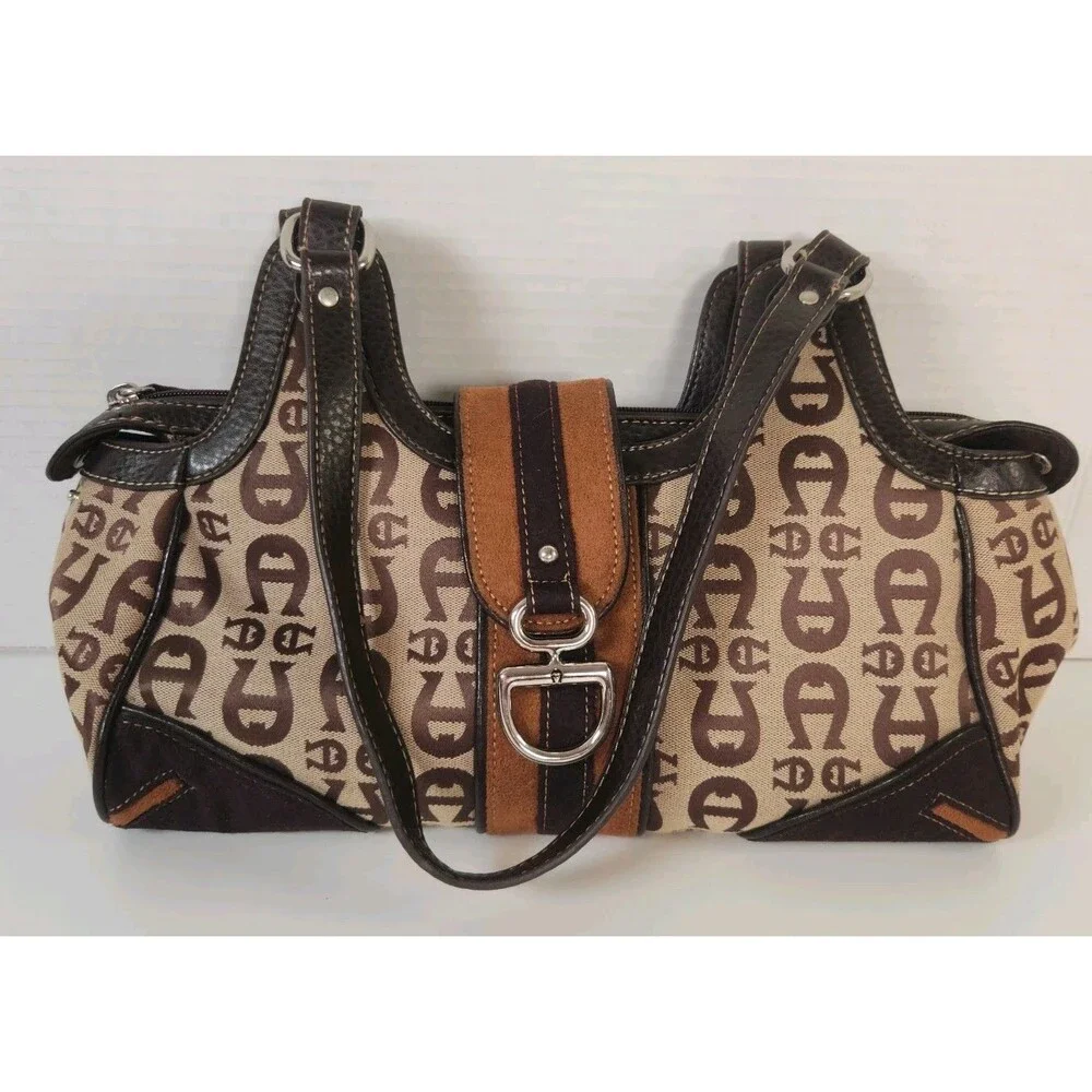 Etienne Aigner VTG Brown Canvas Leather Signature Logo Satchel Handbag Purse
